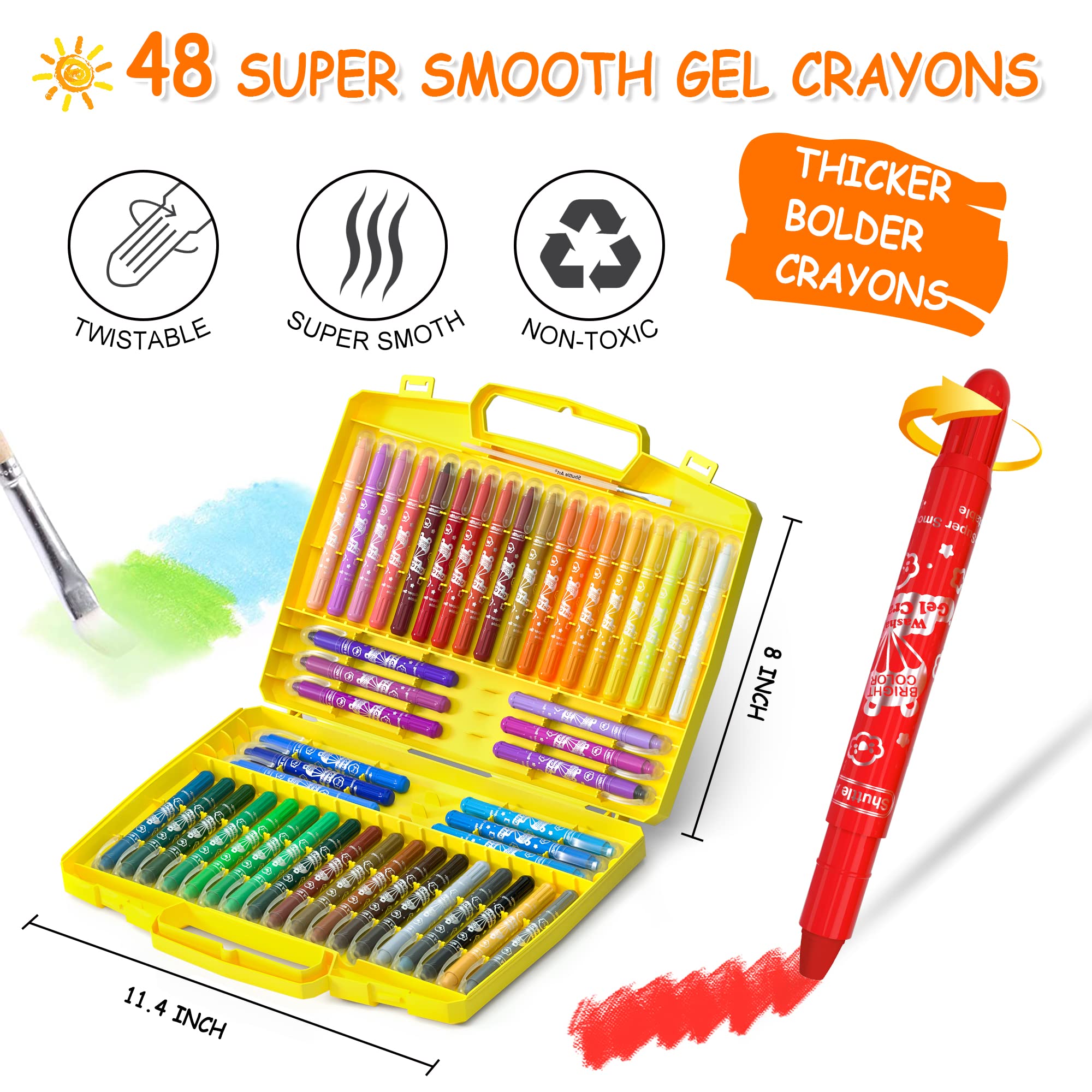 48 Colors Gel Crayons for Toddlers, Shuttle Art Non-Toxic Twistable Crayons Set with 1 Brush and Foldable Case for Kids Children Coloring, Crayon-Pastel-Watercolor Effect, Ideal for Window Paper Glass
