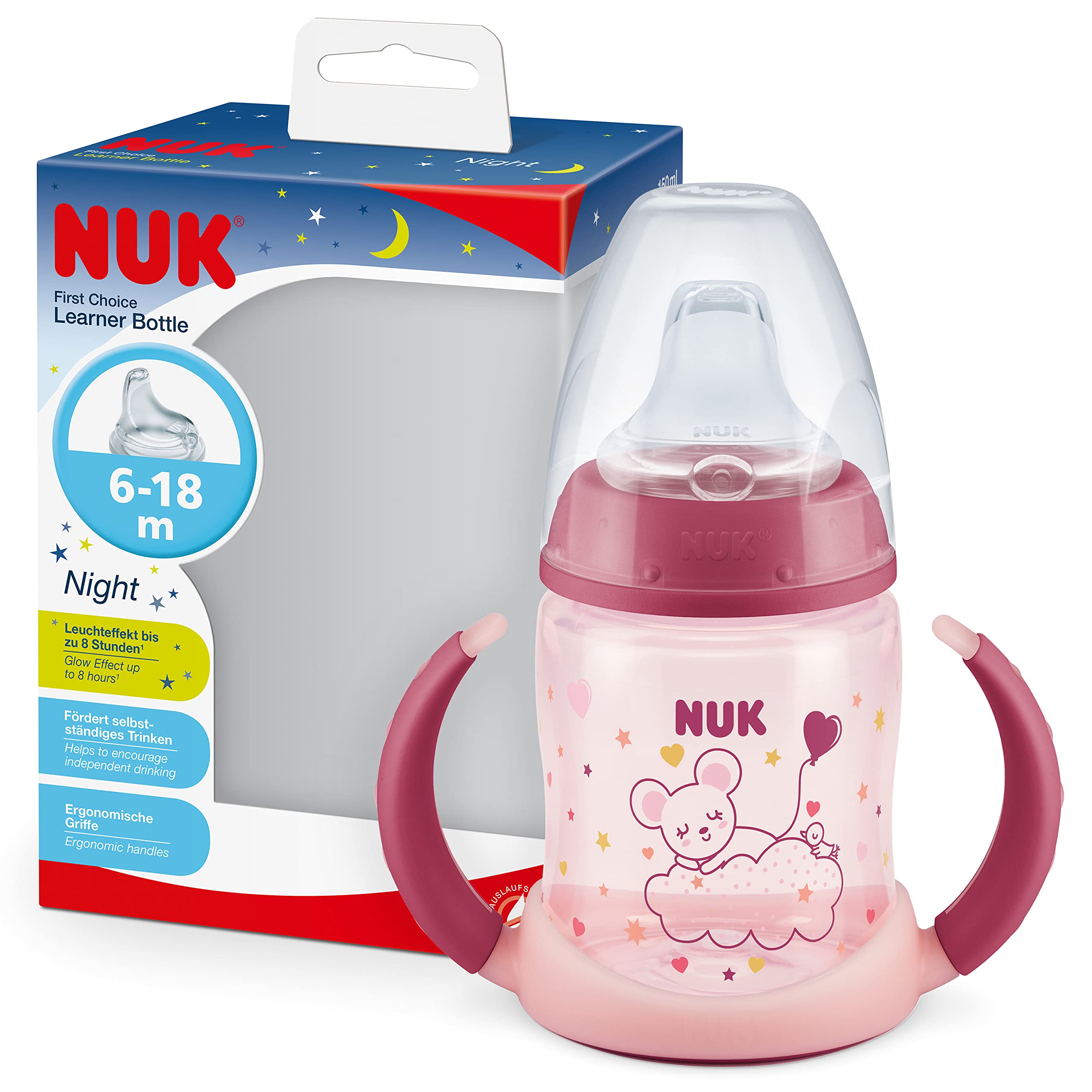 NUK First Choice+ Learner Cup Night Sippy Cup | 6-18 Months | Leak-Proof Silicone Spout | Glow in the Dark | Anti-Colic Vent | BPA-Free | 150ml | Pink