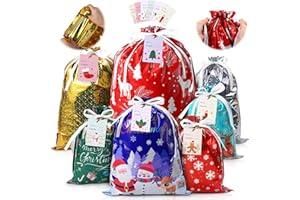 PARTTELY 36pcs Drawstrings Christmas Gift Bags Assorted Sizes, Holiday Gift Bag with Tags Bulk Christmas Bag For Gifts Wrapping, Reusable Aluminum Foil Xmas Presents Party Favor Goody Jumbo Bags