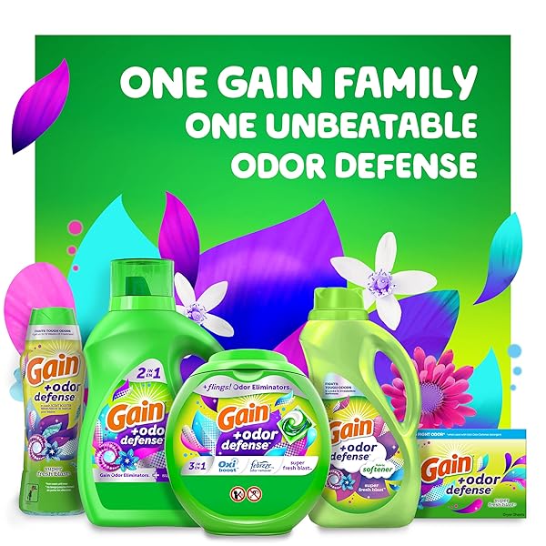 GAIN ODOR DEFENSE LIQUID FABRIC SOFTENER, SUPER FRESH BLAST SCENT, 140 FL OZ, 190 LOADS, 2 IN 1 FRESHNESS PLUS ODOR PROTECTION
