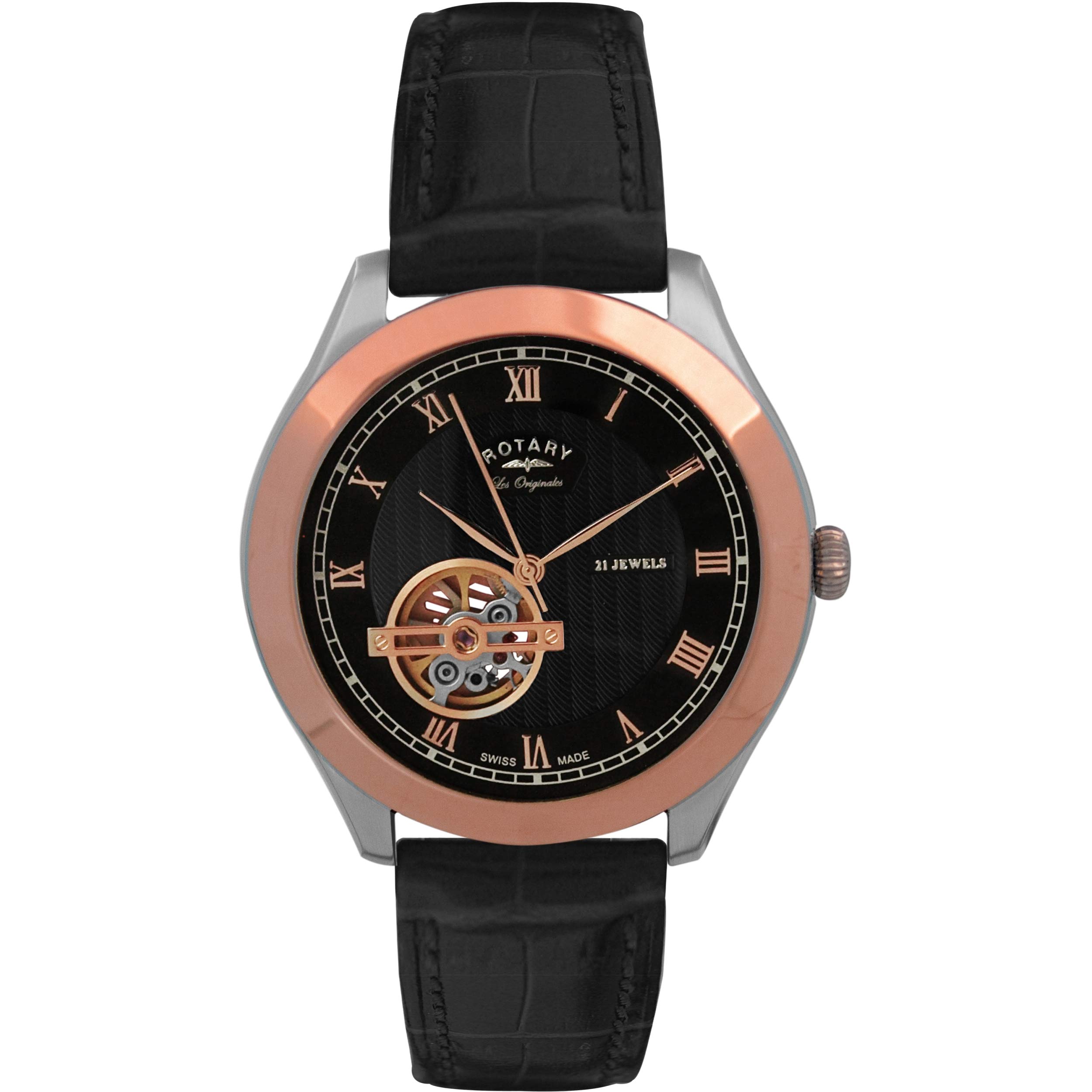 Rotary Unisex Automatic Watch with Black Dial Analogue Display and Black Leather Strap JURA