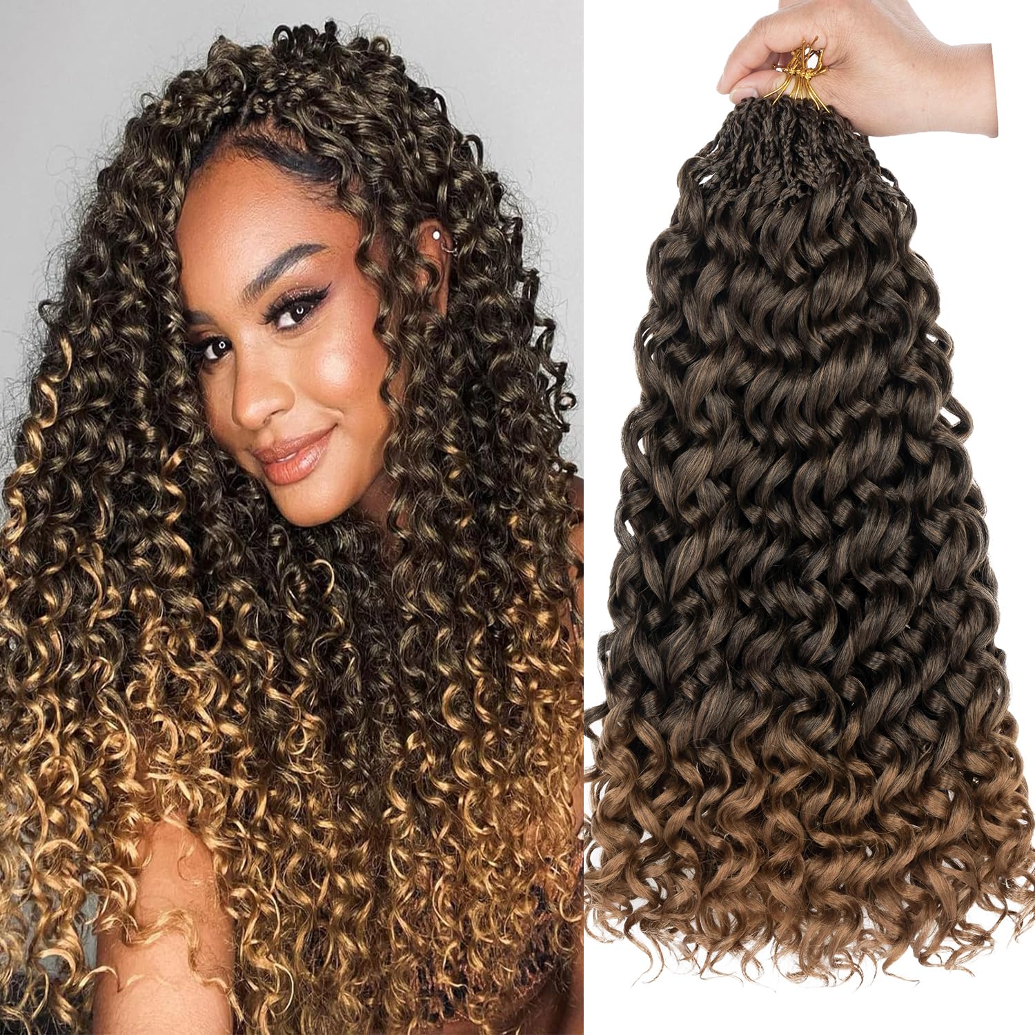 Mscat Gogo Crochet Hair 18 Inch 8 Packs Ombre Honey Blonde Pre-Looped Ocean Wave Short Curly Bohemian Box Braids Synthetic Water Wave for Women Girl Kids