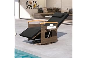 ORALNER Patio Reclining Swivel Wicker Chair, Outdoor Rattan Chaise Lounge Recliner with Adjustable Backrest & Footrest, Flip 