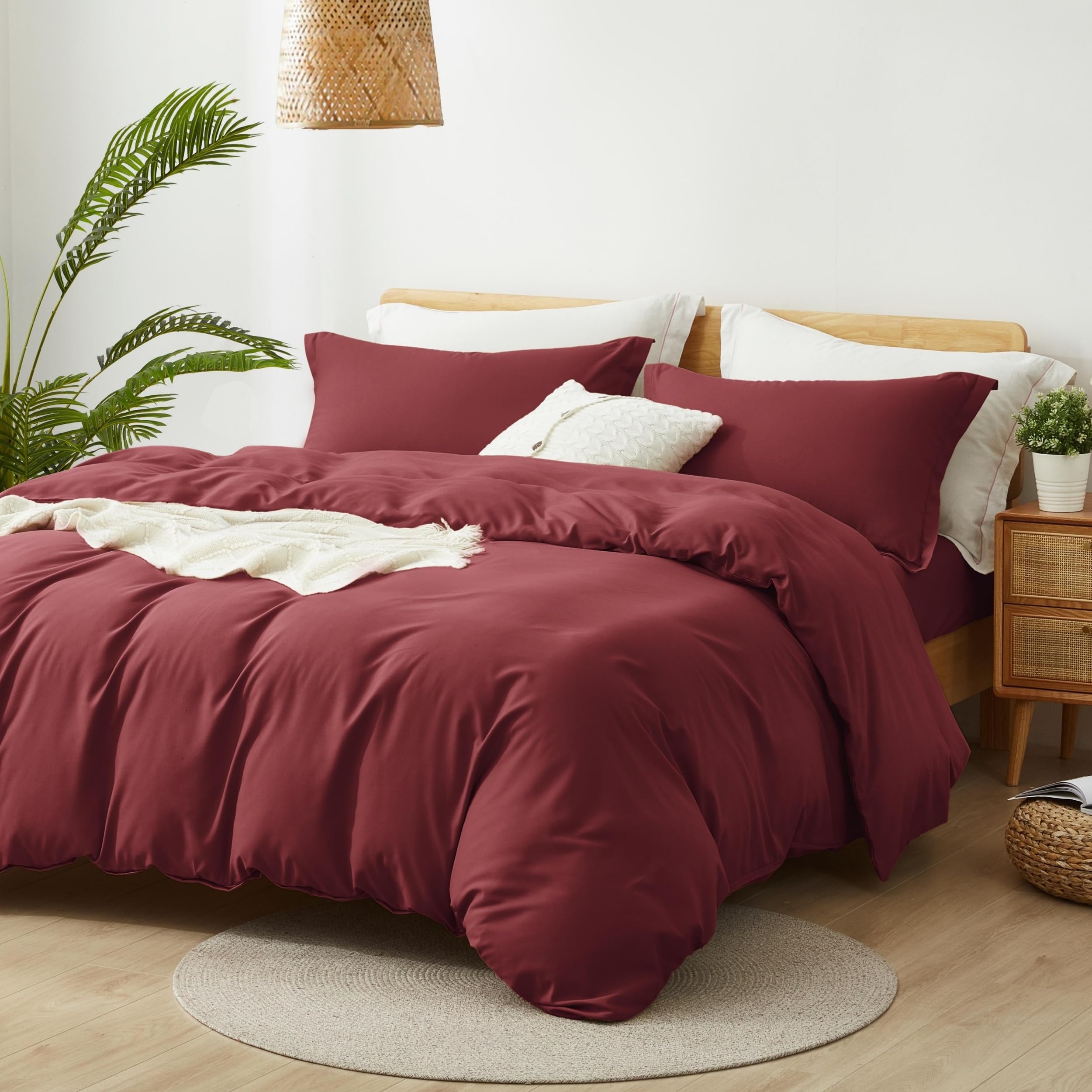 Photo 1 of ALAZURIA Queen Size Duvet Cover - 3 Piece Bedding Set (1 Duvet Cover & 2 Pillow Shams) Soft Double Brushed Comforter Cover w/Zipper Closure & Corner Ties - No Comforter (90" X 90", Burgundy)