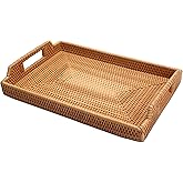 Large Rattan Tray, YACEYACE Hand-Woven Rattan Trays with Handles Bulk, Large Serving Tray for Home, Party, Ottoman, Coffee Table, 17" H x 11.5" L x 2" W