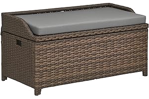 Outsunny 38 Gallon Outdoor Wicker Storage Bench Deck Box, PE Rattan Patio Furniture Pool Storage Bin Container with Interior Waterproof Cloth Bag and Comfortable Cushion, Cream White
