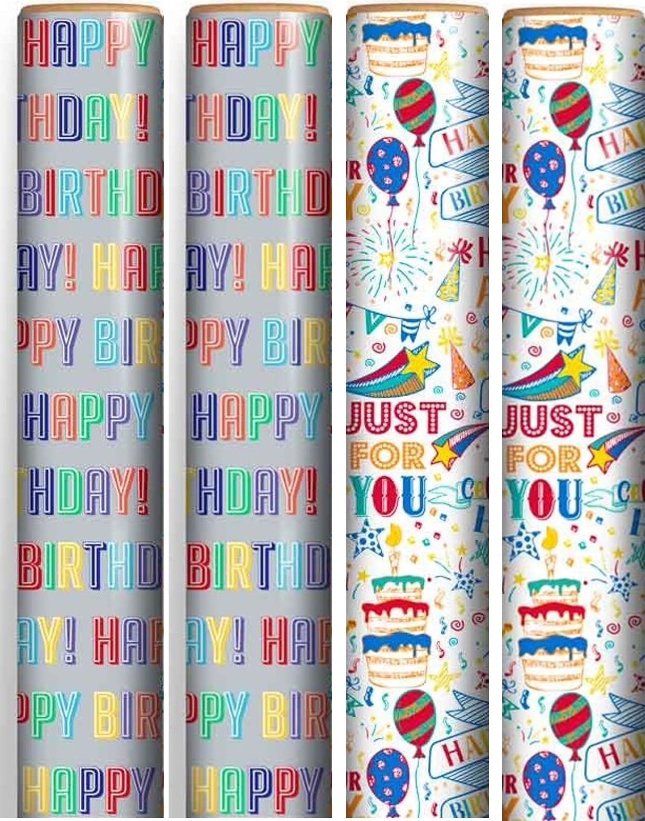 4 x Rolls Of Gift Wrap Wrapping Paper 3M x 70cm Happy Birthday Unisex Silver and White Designs