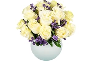 18 White Roses + purple Statice in Opal Vase Aquabloom Arrangement | Arabella Bouquets | Real Fresh Flowers for Delivery, Gift for Birthday, Sympathy, Mother's Day