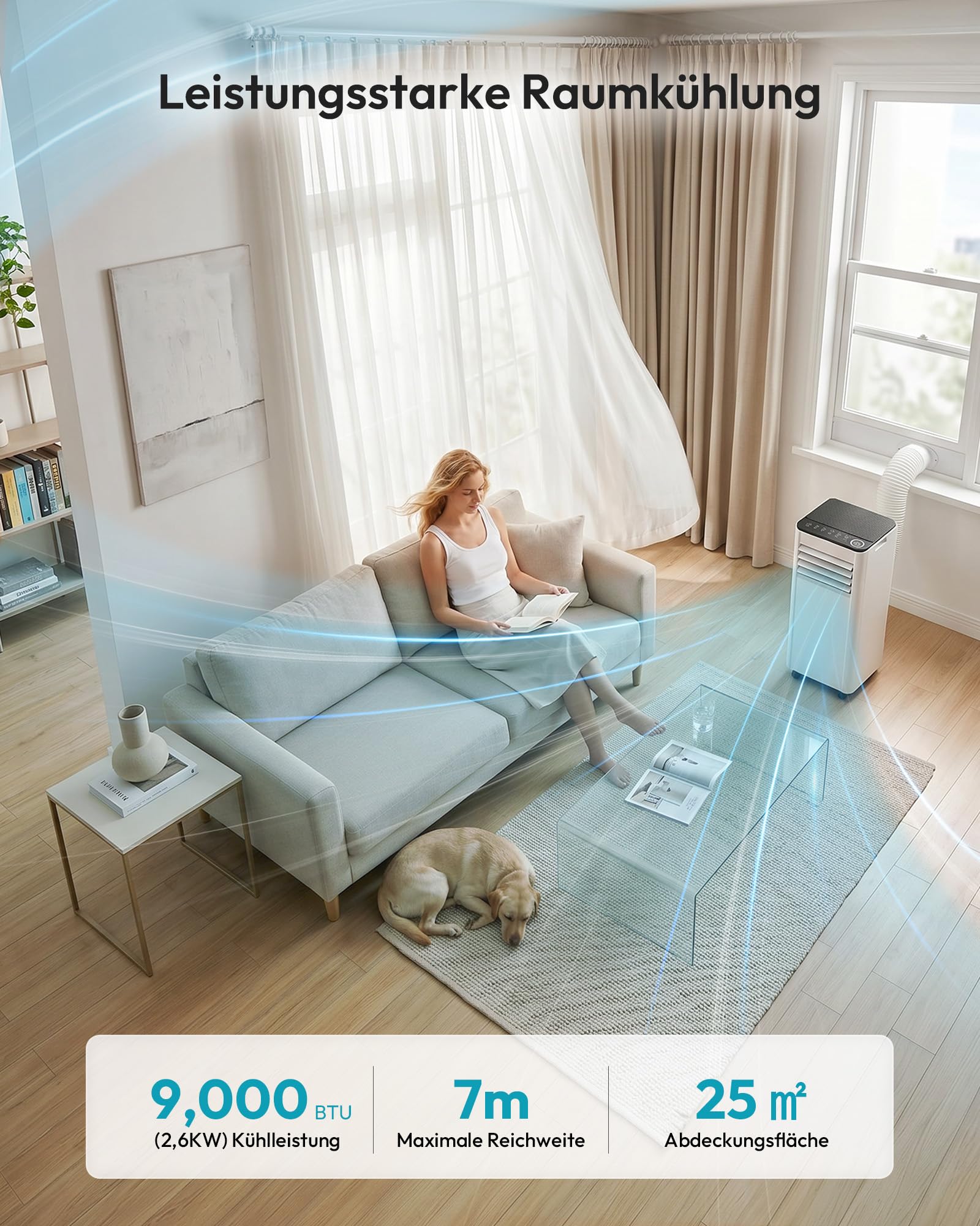 Mobile Klimaanlage 9000 BTU mit Abluftschlauch | 4-in-1 Mobiles Klimagerät | Leiser Betrieb | Digitaldisplay + Fernbedienung | Fenster-Installationsset | 24h-Timer | Für Räume bis 25 m² 2