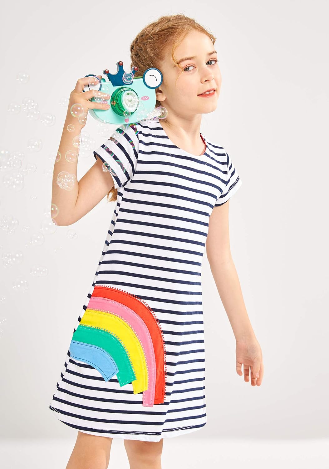 Fiream Girls Dresses Cotton Striped Cartoon Applique Casual Animal Printed Outfits Dress: Clothing