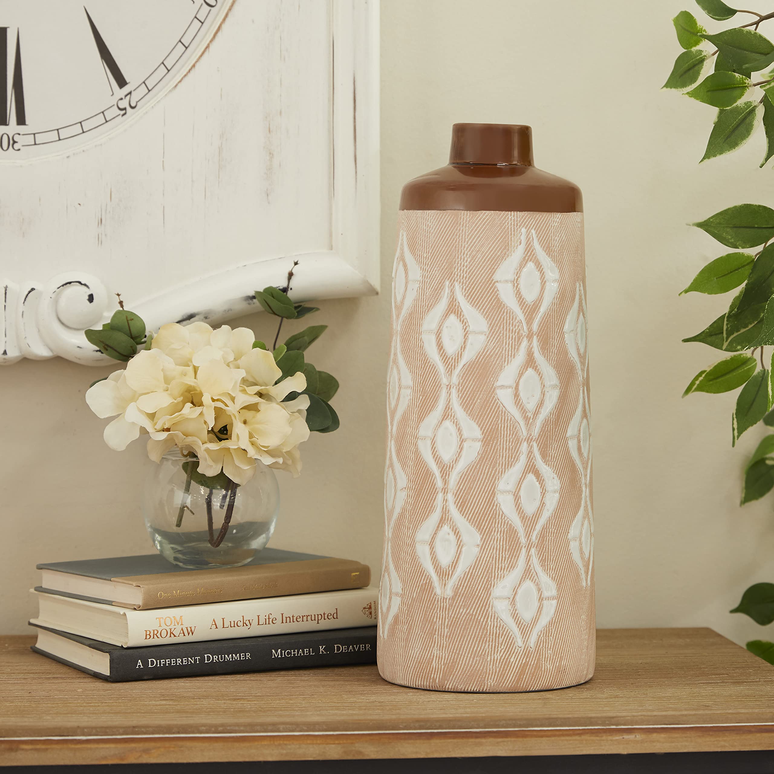 Deco 79 Porcelain Vase with Diamond Patterns, 6" x 6" x 15", Tan