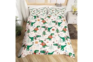 FEELYOU Christmas Bedding Set for Kids Boys Girls Cartoon Dinosaur Christmas Tree Comforter Cover Set Snowman New Year Duvet Cover Bedroom Decor Xmas Theme Bedspread Cover Twin Size Bedding Collection 2Pcs