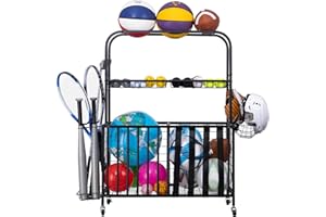 Vividwood Garage Sports Equipment Organizer, Garage Ball Storage Rack,Garage Organizer with Basket and Hooks,Rolling Sports Ball Cart with Wheels