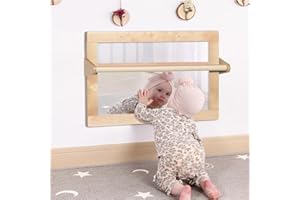 KRANDCRAFT Baby Montessori Wooden Frame Non-Shatter Safety Mirror w/ 2 Pull Up Bars, Infant Coordination Small Mirror for 6-1