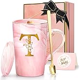Lepiche Personalized Marble Ceramic Mug Gifts for Women, 14 Oz Pink Initial Customized Gift Coffee Mug with Lid, Birthday Christmas Mother's Day Gifts for Her Wife Mom Grandma Friend Sister Unique,T