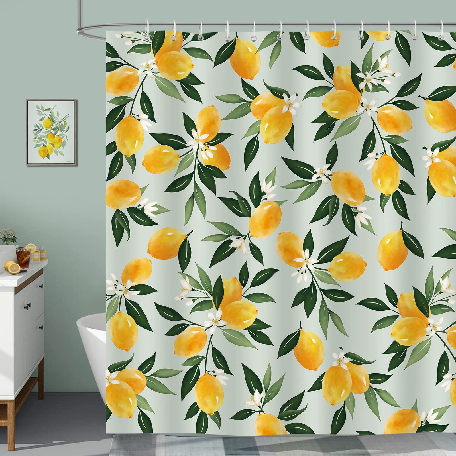 Bonhause Lemon Shower Curtain 180 x 200 cm Fruit Green Leaves Summer Bathroom Curtain Waterproof Mildew & Mould Resistant Polyester Fabric Bath Curtain with 12 Hooks