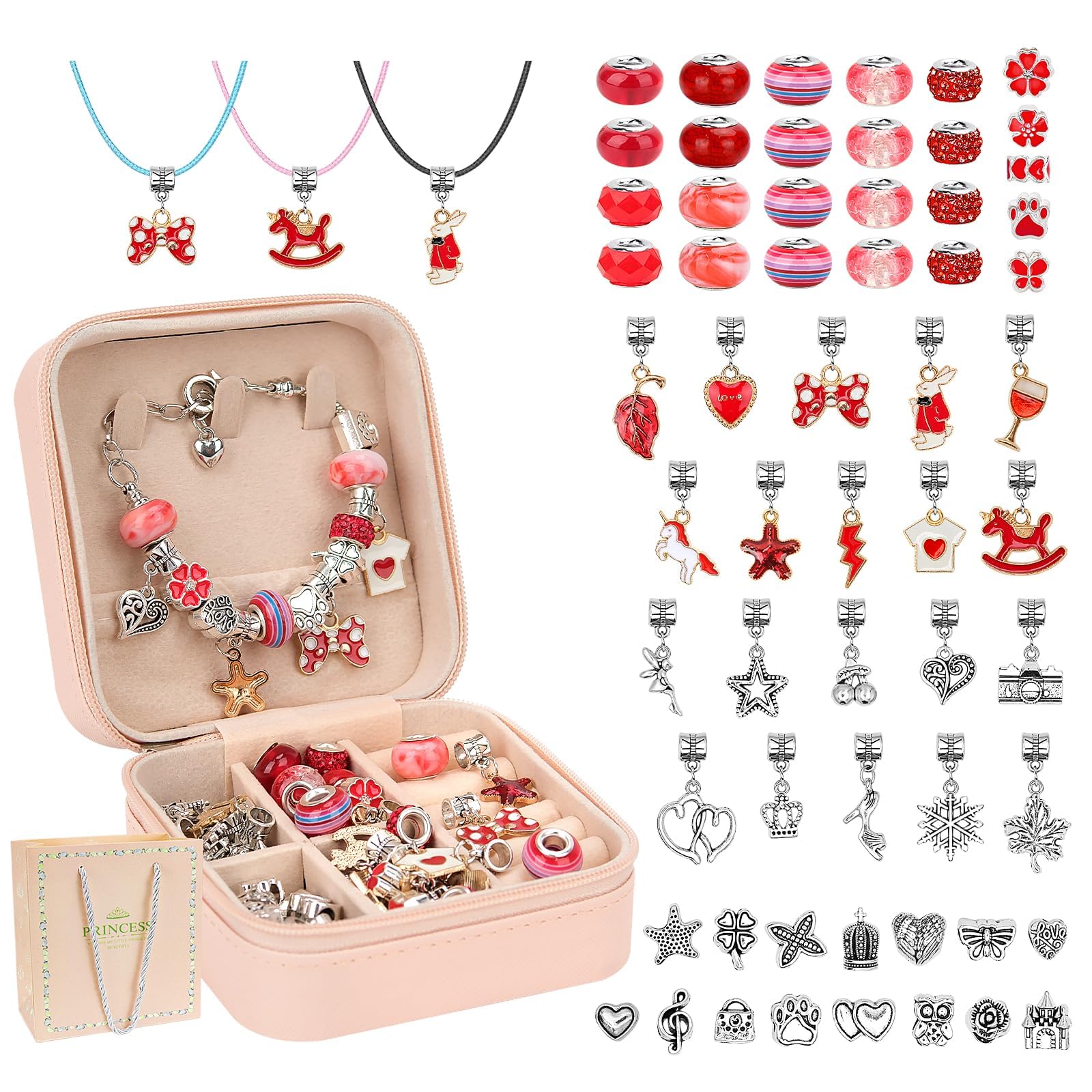 Hysagtek 66 Pcs Bracelet Making Kit for Girls - Jewellery Making Kit DIY Charm Bracelet Bead Making Charm Pendants Craft with Jewellery Box Christmas Arts/Crafts/Gifts for Women Girls, Red