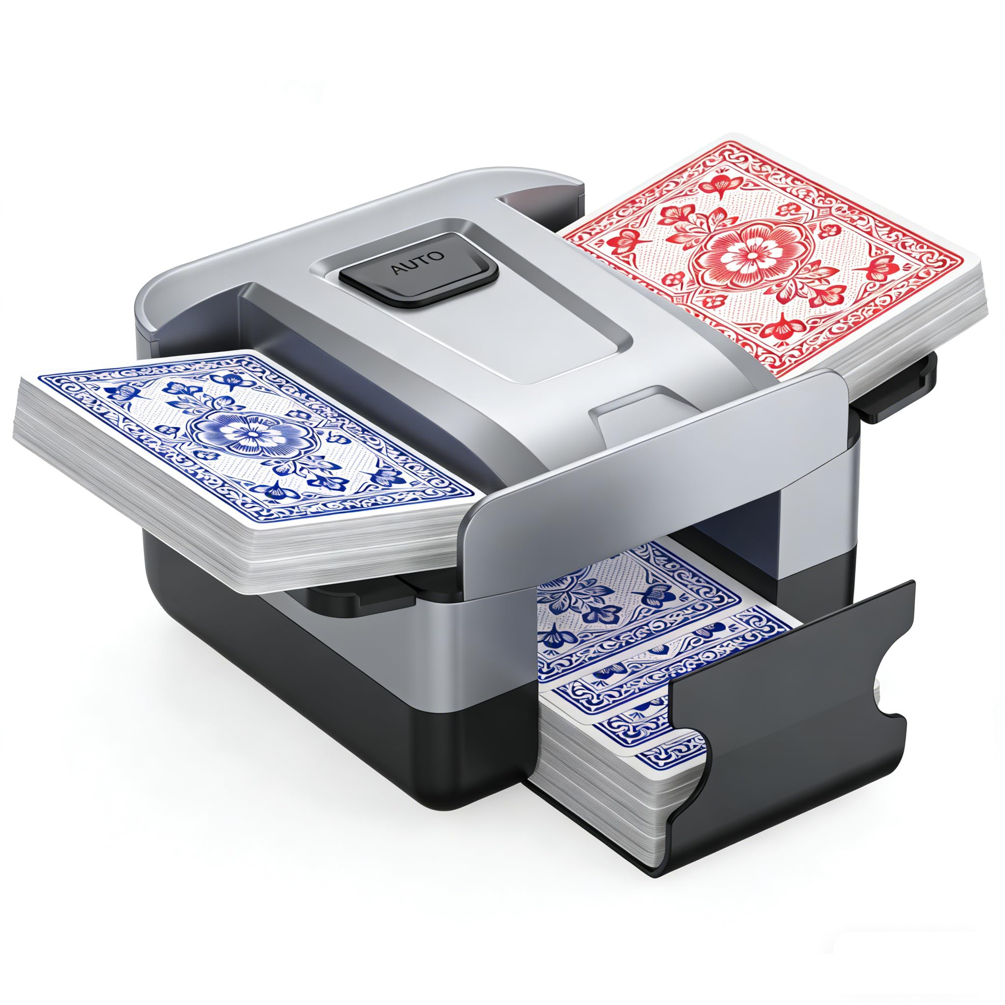Demolike Automatic Card Shuffler, Electric Shuffling Machine for 1-2 Decks, Low Noise, Rechargeable & Portable Shuffler Machine for Poker, UNO, Blackjack, Silvery