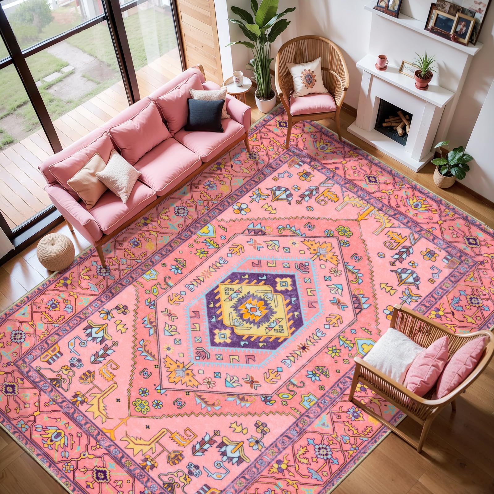 SERISSA Washable Rugs 8x10 Area Rugs, Large Non-Slip Boho Living Room Rug, Ultra Soft Cute Pastel Aesthetic Fuchsia Pink Carpet for Baby Girls Bedroom Kids Playroom Nursery Dining Room Dorm Decor Image