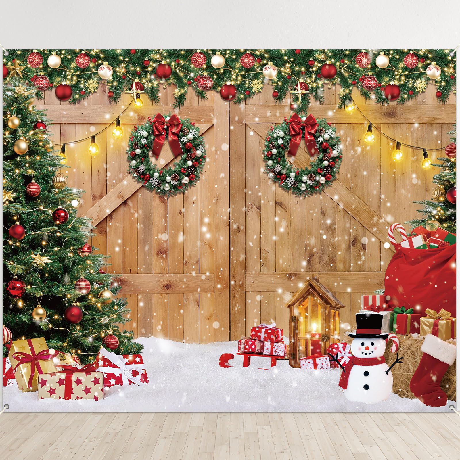 Photo 1 of 10x8ft Christmas Rustic Barn Wood Door Backdrop for Photography Winter Xmas Tree Snow Gift Wall Floor Background Banner Decor for Family Studio Holiday Photo Booth Props Pictures Party Decorations