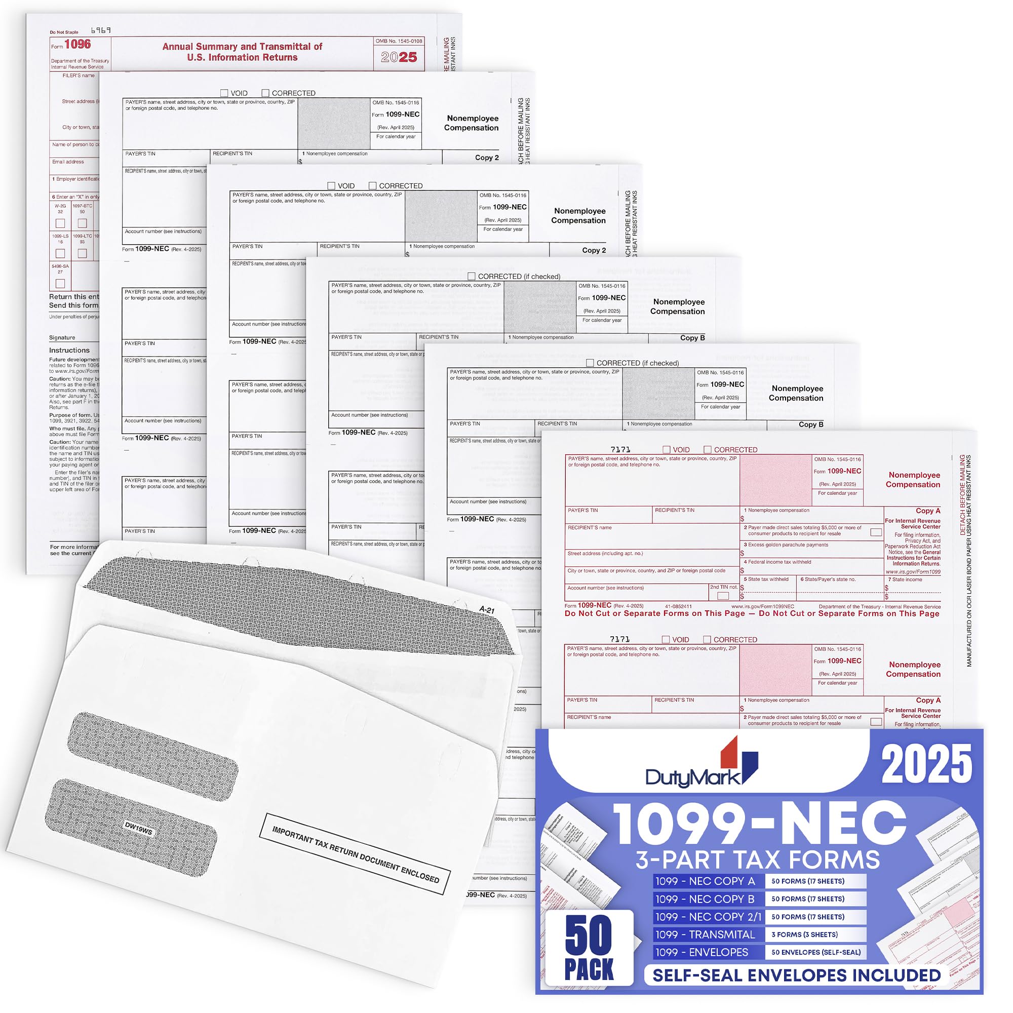 Photo 1 of 1099 NEC Tax Forms 2025, 3 Part of Laser NEC Tax Forms, 50 Pack and 50 Self-Seal Envelopes, Pack Included Federal/State Copy's, 1096's –Great for QuickBooks and Accounting Software, 50 Pack