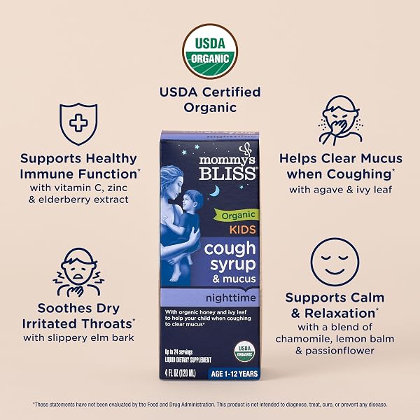 MOMMY’S BLISS KIDS ORGANIC COUGH SYRUP & MUCUS RELIEF FOR NIGHT TIME, AGAVE & HONEY, IVY LEAF, ZINC, VITAMIN C, COUGH SYRUP FOR KIDS, +HERBAL NIGHTTIME BLEND, 4 FL Z