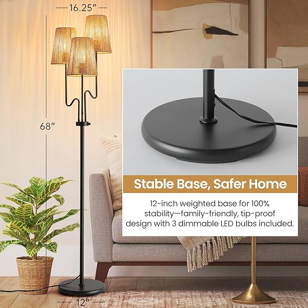 DIMMABLE FLOOR LAMP, 68IN. BOHO FLOOR LAMPS WITH NATURAL SHADE, 3-LIGHT TREE LAMP FOR COASTAL, BEACH OR BOHEMIAN STYLE DECOR, E26 SOCKET, ROTARY SWITCH STANDING LAMP FOR LIVING ROOM, BEDROOM