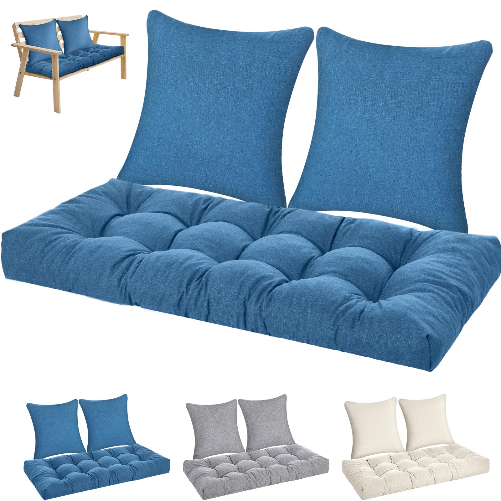 Photo 1 of Wenqik 3 Pcs Outdoor Bench Cushion Set 36x14 in Waterproof Tufted Patio Cushion Love Seat Pad with 2 Throw Pillows Memory Foam Settee Pad for Indoor Sofa Wicker Couch Window Seat(36x14 in, Blue)