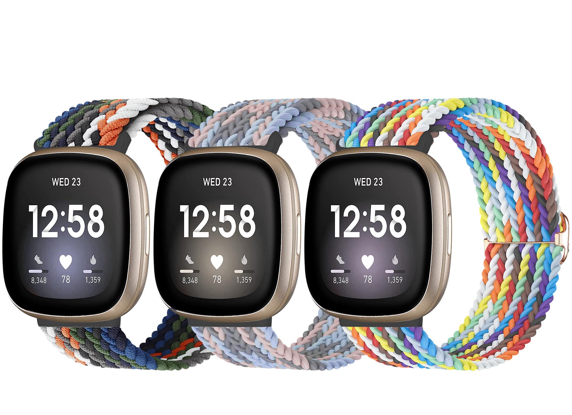 Chinbersky 3 Pack Braided Strap, Compatible with Fitbit Versa 3/4/Sense/Lite, Stretchy Braided Adjustable Sport Strap for Men and Women
