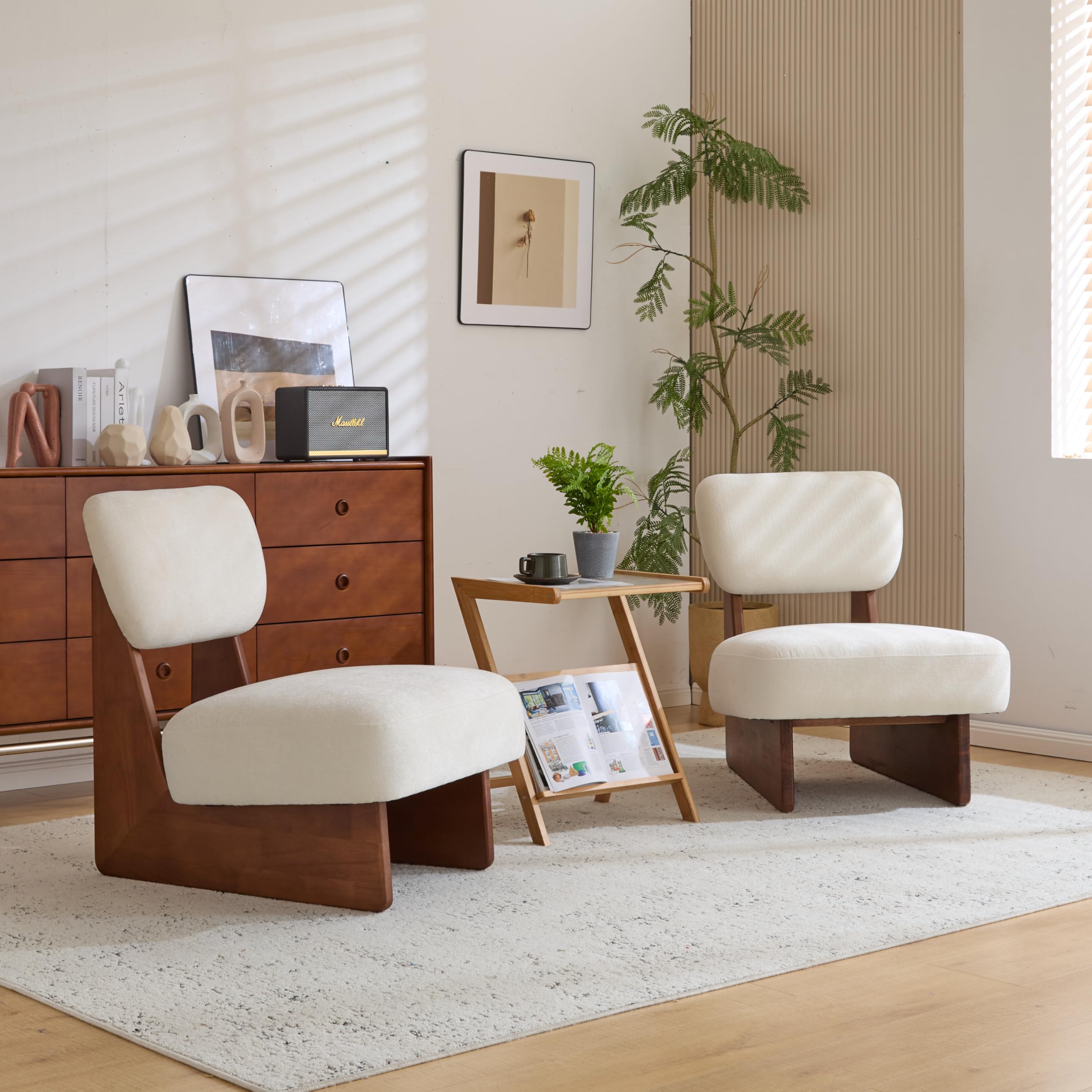 Photo 1 of ***PARTIAL SET*** Christopher Knight Home Mores Low Profile Accent Chair Set of 2, Modern Living Room Armless Lounge Chair, Fabric Comfy Reading Chair for Bedroom, Wooden Frame and Thick Padded Seat, White+Walnut