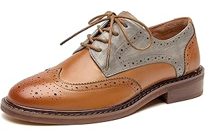 BEAU TODAY Oxford Shoes for Women,Leather Brogue Dress Shoes,Comfort Brethable Ladies Lace-up Handmade Wingtip Shoes for Business Work Black-White-New US 5.5