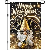 IVN New Year Eve Garden Flag 12x18 Inch Double Sided Happy New Year Gnome Flag 2026 Gold Black Champagne Clock Gift Box Winter Outdoor Yard Flag for Outside Home Front Door Lawn Porch Patio Welcome Decor