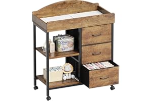 YeTom Changing Table Dresser, Baby Dresser with 3 Fabric Drawers and 2 Shelves, Multi-Functional Baby Changing Table with Pad, Classic Nursery Dresser, Diaper Changing Station, Rustic Brown