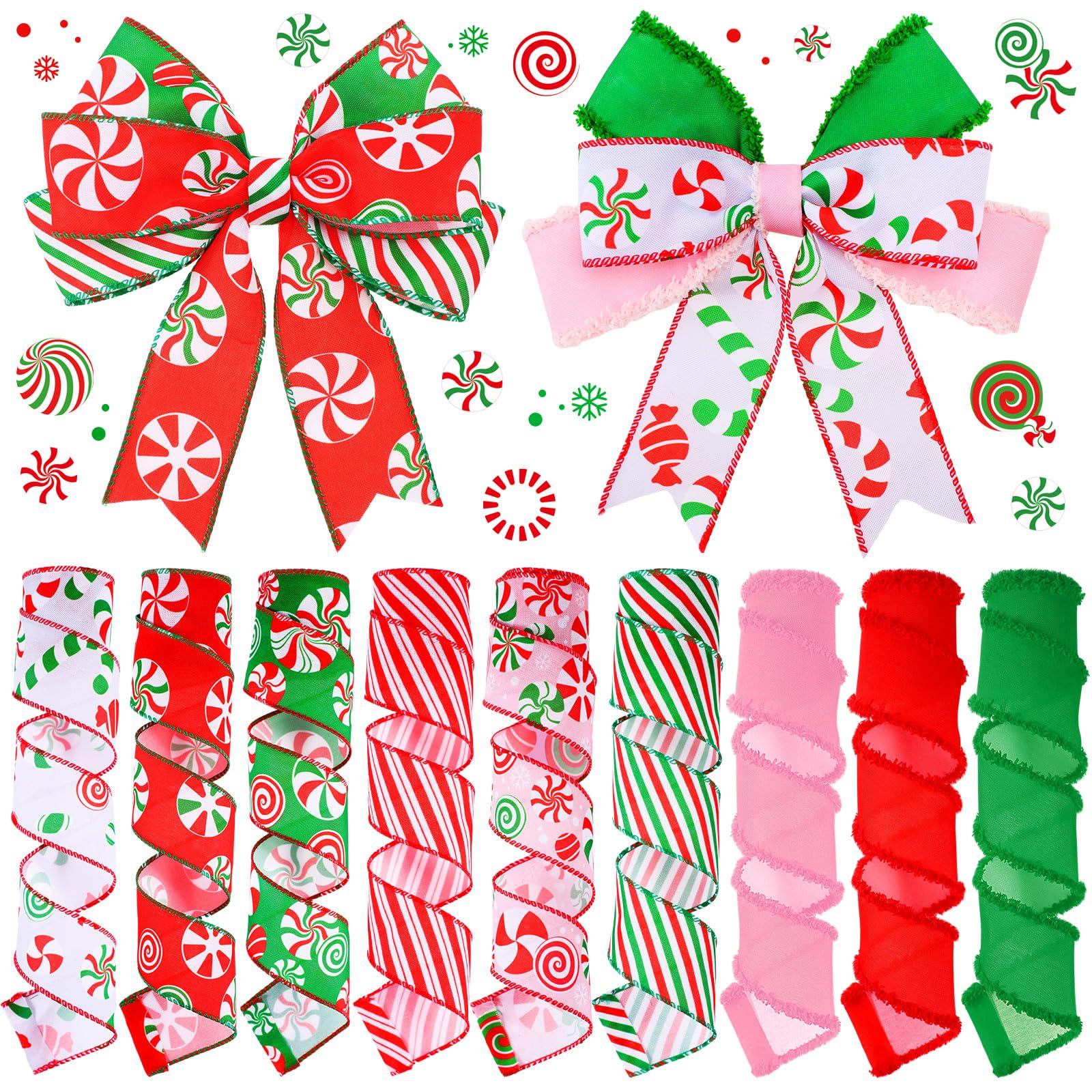 Photo 1 of Yuxung 9 Rolls 45 Yards Christmas Candy Peppermint Ribbon Wired Edge Ribbons for Wreaths Red Green Candy Cane Print Craft Ribbon Burlap Grosgrain Ribbon for Christmas Party Decorations DIY Supplies