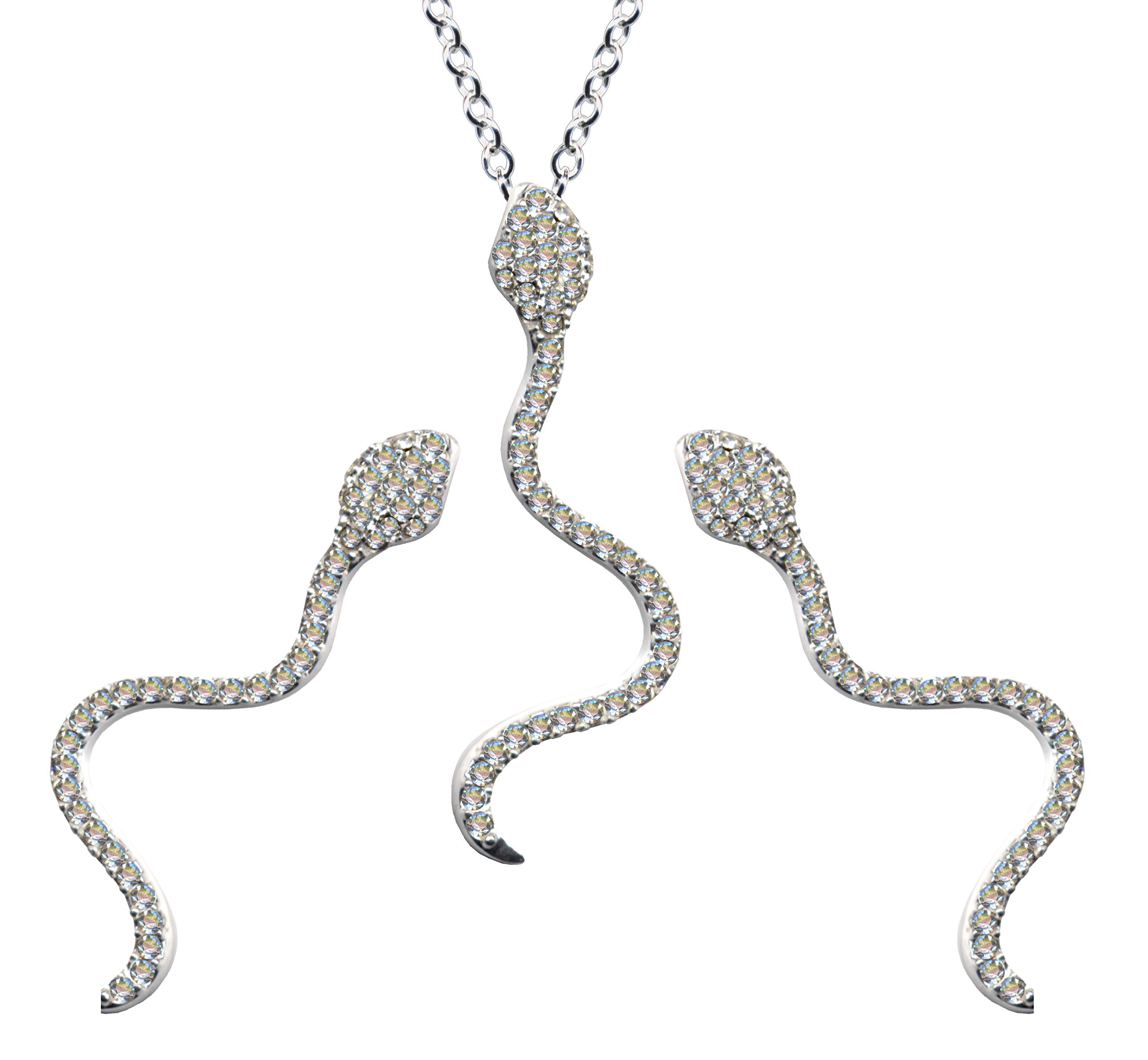 Snake Jewellery Set 925 Sterling Silver Earrings + Chain + Pendant Snake Necklace Pendant Silver Chain Silver Pendant Stud Earrings Zirconia Crystals White Clear