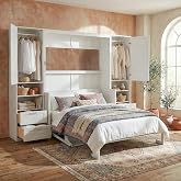 Merax Queen Size Murphy Bed with Desk, Multifunctional Foldable Wall Bed with Closet, Drawers and Shelves, Space-Saving Wood Platform Bed Frame for Small Spaces Studio Study Office Guest Room, White