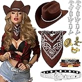 Chicingyou 8 Pcs Rhinestone Cowboy Hat for Women with Glitter Belt Bandana Earrings for Western Country Concert Party