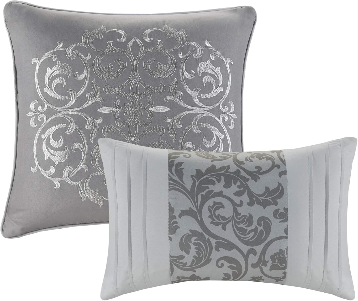 510 Design Ramsey 8 Piece Comforter Floral Scroll Quilted Design, Stripes Accent, Embroidered Toss Pillow Modern Classic All Season Bedding Set, Matching Sham, Bedskirt, King(104"x92"), Grey: Home & Kitchen