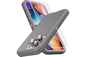 MXX Heavy Duty Made for iphone 15 pro Max Case with Tempered Glass Screen, Camera Lens Protector 3-Layer Full Body Protection Shockproof Dustproof Cover for 15 pro Max Phone Case 6.7"(Gray/Light Pink)