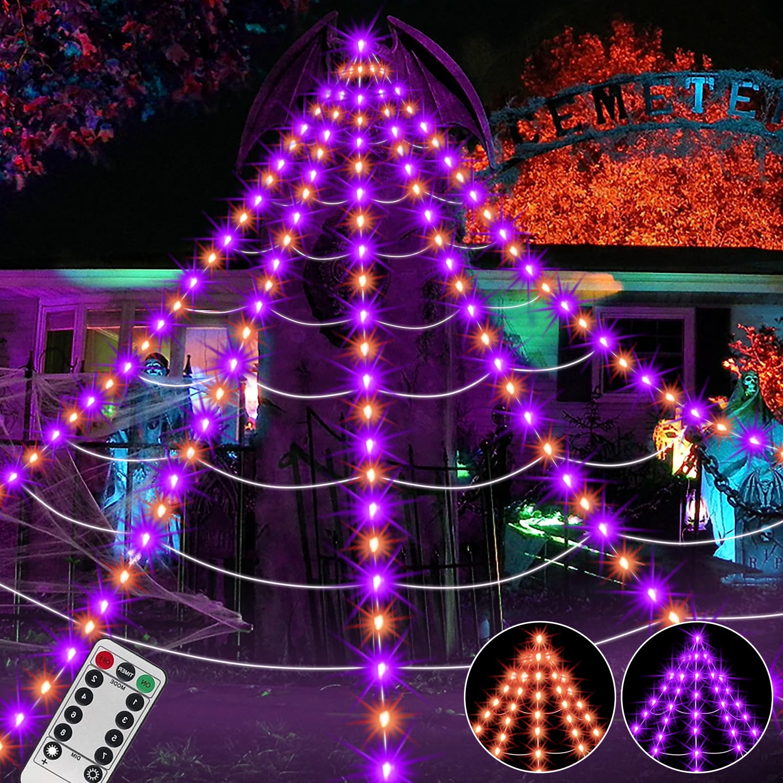 Photo 1 of Sinranac 390 LED Halloween Spider Web Lights Decor, 16.4Ft Giant Net Lights with 26m Light Chain & Remote Control (8 Light Modes & Timer), Decoration for Garden Indoor Outdoor - Purple+Orange