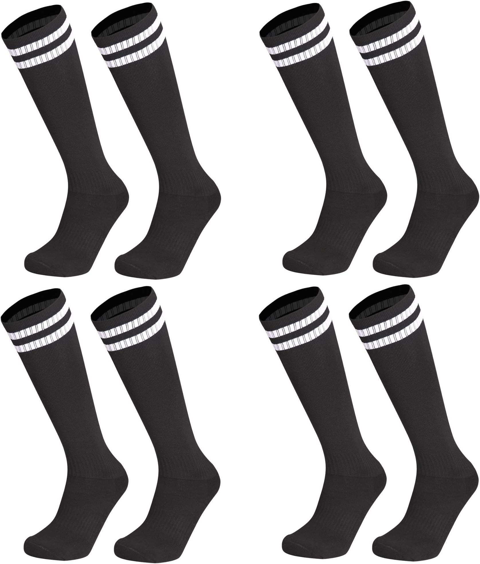 DisileKids Youth Soccer Socks, 4 Pack Knee High Striped Tube Athletic Sport Socks, Black, Shoe Size: 8-13