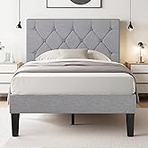 VECELO Twin Bed Frame with Button Tufted Headboard, Upholstered Platform with Wooden Slat Support, No Box Spring Needed, Linen Grey
