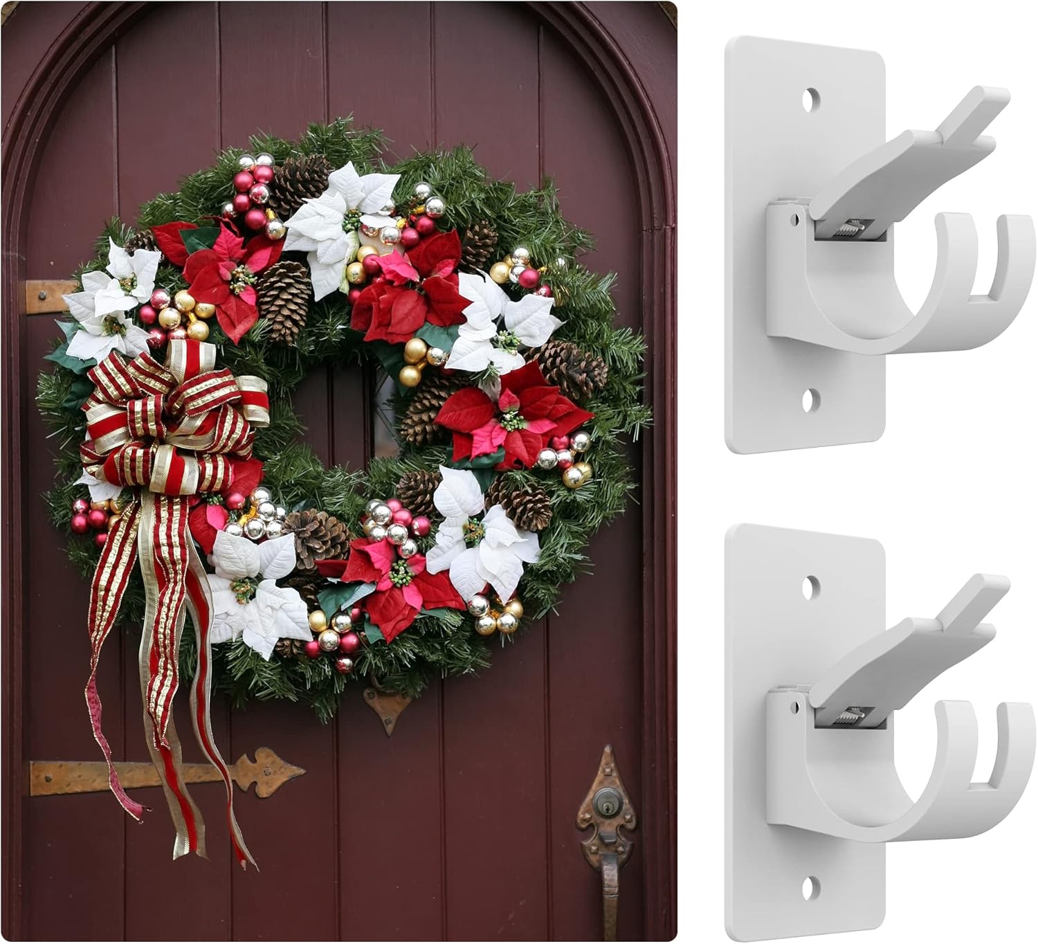 Wreath Hangers - Little Joke 2-Pack Wreath Hanger for Front Door, Fixed Wreath Damage Free Self Adhesive Hanging Christmas Wreath Halloween Decor, Hooks for Hangings on Glass, Iron, Wooden Doors (White)