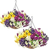 Daynight 2 Set Artificial Outdoor Hanging Baskets with 24 Pcs Petunias | UV Resistant Faux Petunias Flowers with Hanging Planter, for Front Door Porch Spring Outside Decor, Hanging Baskets