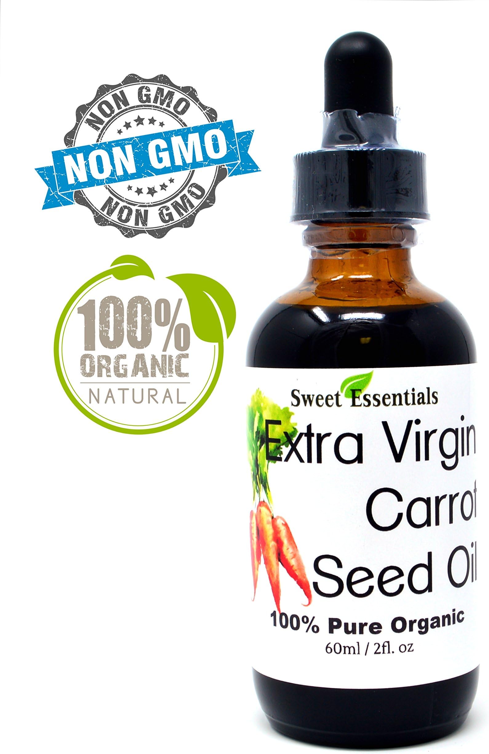 Sweet Essentials Organic Carrot Seed Oil | Extra Virgin |100% Pure | 2oz Glass Bottle | Cold Pressed | Unrefined | Imported From France | For Hair, Skin, & Nails