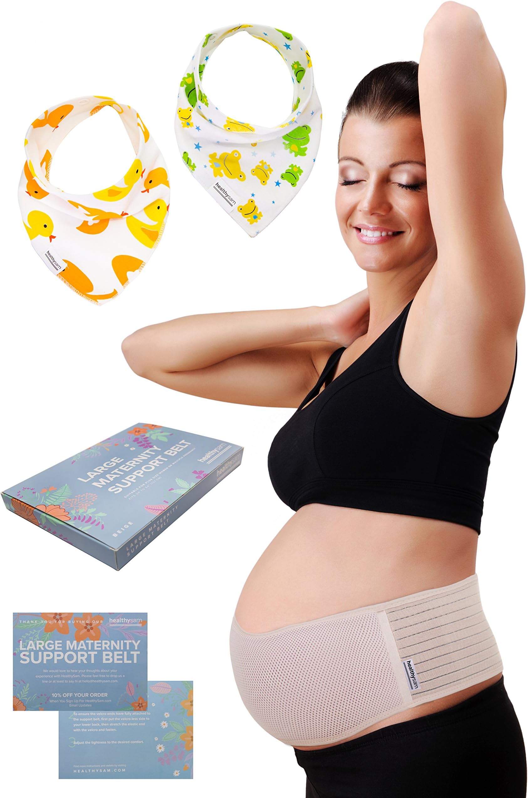 Plus Size Maternity Belt with 2 Baby Bibs by HealthySam - Breathable Belly Band for Pregnancy - Lower Back and Pelvic Support - Comfortable Prenatal Cradle - Postpartum Belly Wrap - One Size - Beige
