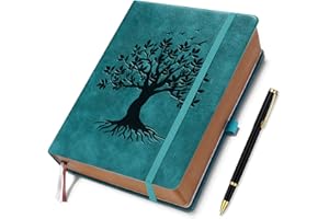 ZXHQ 360 Pages Thick Journal for Women & Men, A5 Lined Journaling Notebook for Writing, Hardcover, 100Gsm Paper, Tree of Life Design, Pen Set, Vintage Brown Edge, Back Pocket, Seagreen