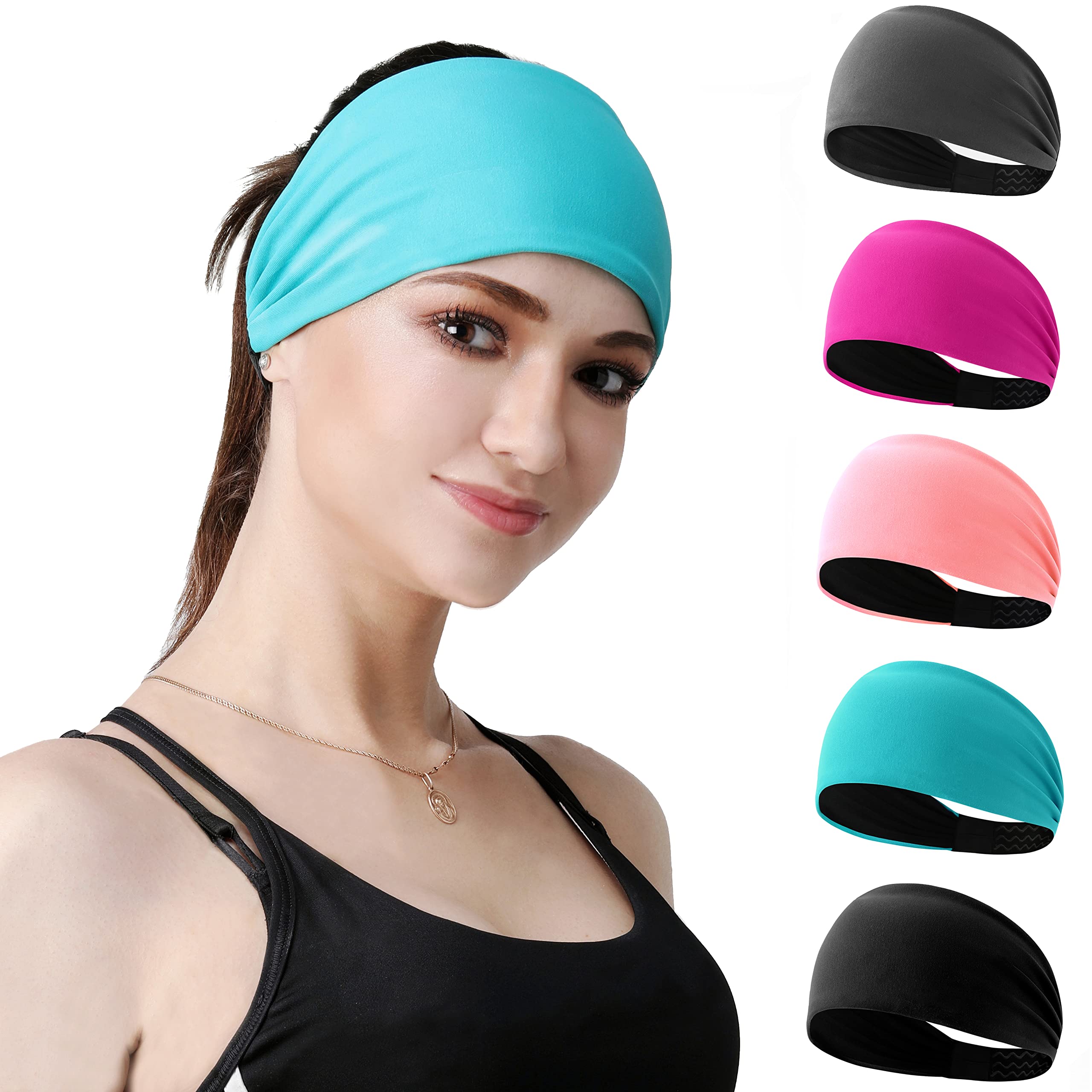 Workout Headbands for Women Non-Slip Sports Sweatbands Yoga Wide Elastic Hair Bands Fitness Athletic Moisture Wicking Hair Head Band, with Gift Box 5 Pcs