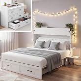 Kikihouse Murphy Bed with Storage &amp; Charging Station, Queen Size Murphy Cabinet Bed Hideaway Bed with Motion Sensor Lights for Bedroom/Guest Room/Office, Foldable Platform Bed Frame, White