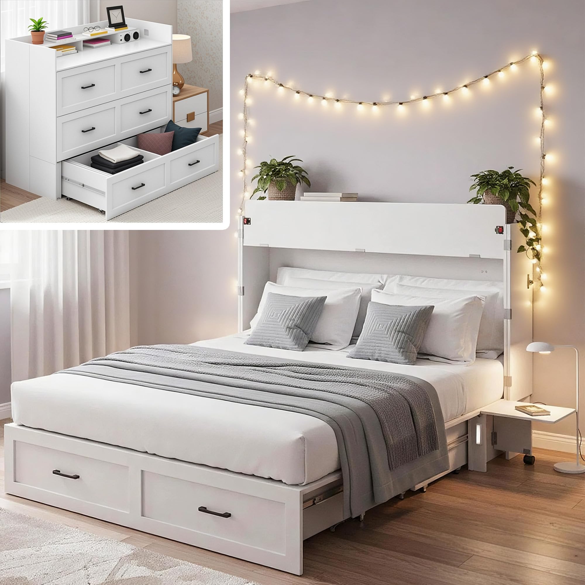 Photo 1 of Kikihouse Murphy Bed with Motion Sensor Lights, Full Size Murphy Cabinet Bed Hideaway Bed with Storage & Charging Station for Bedroom/Guest Room/Office, Foldable Platform Bed Frame, White